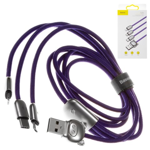 USB кабель Baseus Three Little Pigs, USB тип C, USB тип A, micro USB тип B, Lightning, 120 см, 3,5 А, синий, в нейлоновой оплетке, 3 в 1, #CAMLT PG03