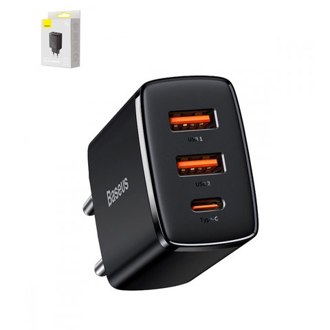 Сетевое зарядное устройство Baseus Compact, 30 Вт, Quick Charge, черный, 3 порта, #CCXJ E01