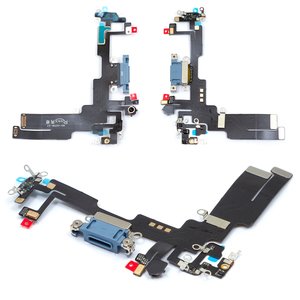 Шлейф для iPhone 14, конектора зарядки, синій, з мікрофоном, з компонентами, High Copy