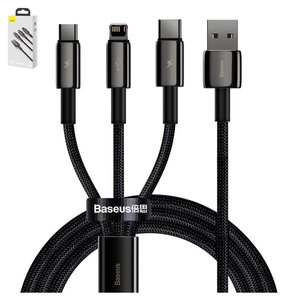 USB кабель Baseus Tungsten Gold, USB тип C, USB тип A, micro USB тип B, Lightning, 150 см, 3,5 А, чорний, 3 в 1, #CAMLTWJ 01