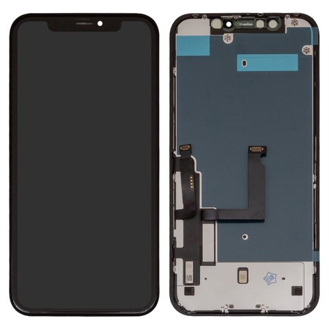 LCD compatible with iPhone XR, black, with frame, change glass, with camera and proximity sensor plastics, LG version 