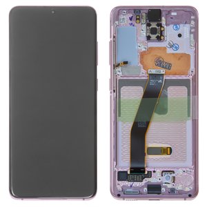 Pantalla LCD puede usarse con Samsung G980 Galaxy S20, G981 Galaxy S20 5G, rosado, con marco, Original, empaque industrial, cloud pink, #GH82 22131C GH82 22123C