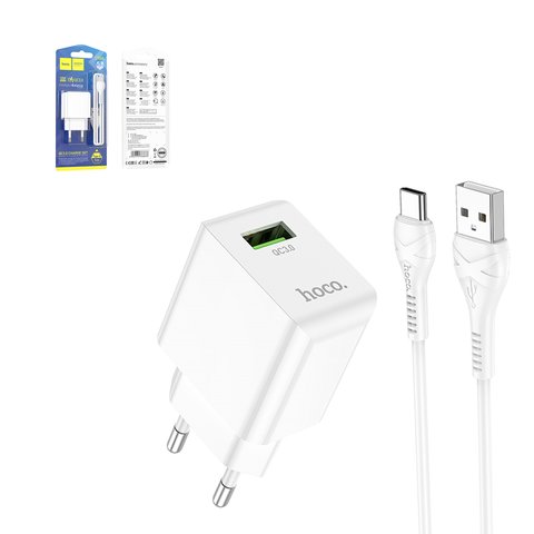 Adaptador de red Hoco C98A, 18 W, Quick Charge, blanco, con cable USB Tipo C, 1 puerto, #6931474766878