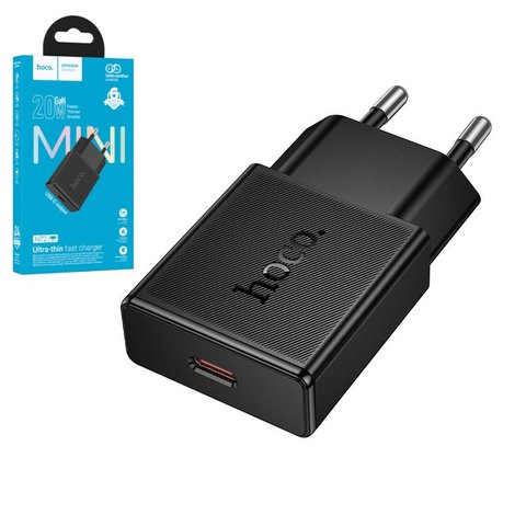 Мережевий зарядний пристрій Hoco N72, 20 Вт, Power Delivery PD , чорний, 1 порт, gan, #6942007661096